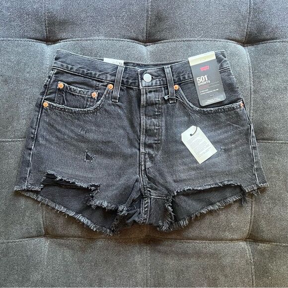 Levi’s 501 Original Fit High Rise Distressed Cutoff Black Denim Shorts - Picture 5 of 14
